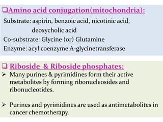 Amino acid conjugation(mitochondria):
Substrate: aspirin, benzoic acid, nicotinic acid,
           deoxycholic acid
Co-substrate: Glycine (or) Glutamine
Enzyme: acyl coenzyme A-glycinetransferase

 Riboside & Riboside phosphates:
 Many purines & pyrimidines form their active
  metabolites by forming ribonucleosides and
  ribonucleotides.

 Purines and pyrimidines are used as antimetabolites in
  cancer chemotherapy.
 