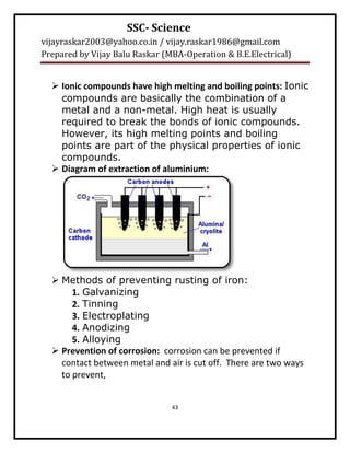SSC- Science
vijayraskar2003@yahoo.co.in / vijay.raskar1986@gmail.com
Prepared by Vijay Balu Raskar (MBA-Operation & B.E.Electrical)


   Ionic compounds have high melting and boiling points: Ionic
    compounds are basically the combination of a
    metal and a non-metal. High heat is usually
    required to break the bonds of ionic compounds.
    However, its high melting points and boiling
    points are part of the physical properties of ionic
    compounds.
   Diagram of extraction of aluminium:




   Methods of preventing rusting of iron:
       1. Galvanizing
       2. Tinning
       3. Electroplating
       4. Anodizing
       5. Alloying
   Prevention of corrosion: corrosion can be prevented if
    contact between metal and air is cut off. There are two ways
    to prevent,


                                43
 