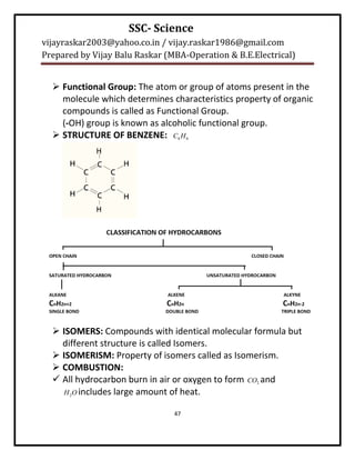 SSC- Science
vijayraskar2003@yahoo.co.in / vijay.raskar1986@gmail.com
Prepared by Vijay Balu Raskar (MBA-Operation & B.E.Electrical)


   Functional Group: The atom or group of atoms present in the
    molecule which determines characteristics property of organic
    compounds is called as Functional Group.
    (-OH) group is known as alcoholic functional group.
   STRUCTURE OF BENZENE: C6 H 6




   ISOMERS: Compounds with identical molecular formula but
    different structure is called Isomers.
   ISOMERISM: Property of isomers called as Isomerism.
   COMBUSTION:
   All hydrocarbon burn in air or oxygen to form CO2 and
    H 2O includes large amount of heat.


                                47
 