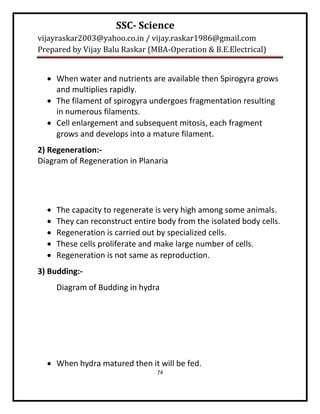 SSC- Science
vijayraskar2003@yahoo.co.in / vijay.raskar1986@gmail.com
Prepared by Vijay Balu Raskar (MBA-Operation & B.E.Electrical)


   When water and nutrients are available then Spirogyra grows
    and multiplies rapidly.
   The filament of spirogyra undergoes fragmentation resulting
    in numerous filaments.
   Cell enlargement and subsequent mitosis, each fragment
    grows and develops into a mature filament.
2) Regeneration:-
Diagram of Regeneration in Planaria




     The capacity to regenerate is very high among some animals.
     They can reconstruct entire body from the isolated body cells.
     Regeneration is carried out by specialized cells.
     These cells proliferate and make large number of cells.
     Regeneration is not same as reproduction.
3) Budding:-
      Diagram of Budding in hydra




   When hydra matured then it will be fed.
                                 74
 