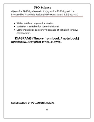 SSC- Science
vijayraskar2003@yahoo.co.in / vijay.raskar1986@gmail.com
Prepared by Vijay Balu Raskar (MBA-Operation & B.E.Electrical)


   Water level can wipe out a species.
   Variation is suitable for some individuals.
   Some individuals can survive because of variation for new
    environment.

   DIAGRAMS (Theory from book / note book)
LONGITUDINAL SECTION OF TYPICAL FLOWER:-




GERMINATION OF POLLEN ON STIGMA:-

                                82
 