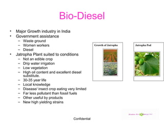 Bio-Diesel Major Growth industry in India Government assistance Waste ground Women workers Diesel Jatropha Plant suited to conditions Not an edible crop Drip water irrigation Low vegetation High oil content and excellent diesel substitute. 30-35 year life Local knowledge Disease/ insect crop eating very limited Far less pollutant than fossil fuels Other useful by products New high yielding strains Growth of Jatropha Jatropha Pod   
