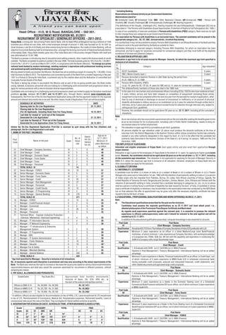 * Including Backlog.
                                                                                                                           Reservations are followed strictly as per Government Guidelines
                                                                                                                           Abbreviations stand for:
                                                                                                                           SC-Scheduled Caste; ST-Scheduled Tribe; OBC- Other Backward Classes; UR-Unreserved; PWD - Person with
                                                                                                                           Disability (VC -Visually Challenged; OC -Orthopaedically Challenged, HI -Hearing Impaired.)
                                                                                                                           [The definitions of the Visually Challenged (VC), Hearing Impaired (HI) and Orthopaedically Challenged (OC) are as
                                                                                                                           prescribed in “The Persons with Disabilities (Equal Opportunities, Protection of Rights & Full Participation) Act, 1995.]
        Head Office : 41/2, M G Road, BANGALORE – 560 001.                                                                 In case of non-availability of reserved candidates in Persons with disabilities (PWD) category, Bank reserves its right
                                                                                                                           to inter-change these sub-categories as per Government Directives.
                  RECRUITMENT NOTIFICATION NO. 01/2011                                                                     The reservation for Persons with disabilities is on horizontal basis. The selected candidates will be placed in the
       RECRUITMENT OF SPECIALIST / GENERALIST OFFICERS - 2011-2012.                                                        appropriate category (viz., SC, ST, OBC, Unreserved etc.) to which they belong
Vijaya Bank, a strong and fast growing Public Sector Bank, with its Head Office at Bangalore having a network of 1250      It is clarified that it may not be possible to employ Persons With Disabilities in all Offices/Branches of the Bank and they
branches plus offices all over India, with a total employee strength of around 11,500, was founded on 23.10.1931 by        will have to work in the post identified by the Bank as suitable for them.
Great Visionary Late Shri A.B.Shetty and other enterprising farmers in Mangalore, the cradle of Indian Banking, with an    Candidates belonging to reserved category including Persons With Disabilities, for which no reservation has been
objective to promote Banking habit & entrepreneurship amongst the farming community of Dakshina Kannada district           announced, are free to apply for vacancies announced for unreserved category and they must fulfill all the eligibility
of Karnataka State. Vijaya Bank steadily grew into a Pan India Bank and in the process merged 9 Banks with itself and      conditions of Unreserved (General) Category.
was nationalized on 15.04.1980.
                                                                                                                           4. RELAXATION IN UPPER AGE LIMIT:
The Bank is a pioneer in introducing new & innovative trend setting products, tailor made to the diverse needs of varied
                                                                                                                           Relaxation in age limit is for all posts except for Manager- Security, for which the maximum age limit specified is
clientele. The Bank completed its platinum jubilee in the year 2006. The total business grew by 18% from Rs.1,03,867/-
                                                                                                                           inclusive of all relaxations.
Crore to Rs.1,22,471/- Crore as at March 2011 (YOY), in congruence with the Bank's Mission, “To emerge as a prime
national bank backed by modern technology, meeting customer's aspirations with professional banking services                 S.
                                                                                                                                                                  Category                                                                Age relaxation
and sustained growth contributing to national development”.                                                                  No
Moving ahead to totally accomplish the Mission, the Bank has set an ambitious target of crossing Rs. 1,50,000/- Crore        (1) SC/ST Candidates                                                                                           5 years
total business by March 2012. The stupendous and consistent growth of the Bank from a modest beginning in the year           (2) OBC ( Below Creamy layer )                                                                                 3 years
1931 to a Robust & Strong All India Bank, is achieved only by the creative ideas and the dedication of committed and         (3) Persons domiciled in Kashmir Division in J&K State during the period from
invaluable Human Assets of the Bank.                                                                                                 01.01.1980 to 31.12.1989                                                                               5 years
The Bank is taking big strides to accomplish the Mission and as part of the on-going growth plan, the Bank invites           (4) Persons With Disability (PWD):                                                                             5 years
young, talented, & dynamic personnel who are looking for a challenging work environment and progressive career, to                   i.e (a) -10- years for SC / ST (b) -8- years for OBC and (c) -5- years for Unreserved candidates.
apply for various positions with a view to shoulder diverse responsibilities.                                                (5) The children/Family members of those who died in the 1984 riots                                            5 years
Candidates who are looking for a challenging work and progressive career are invited to apply for the below mentioned        (6) In the case of ex-servicemen and commissioned officers including ECOs / SSCOs who have rendered at least
positions on–line, between 22.11.2011 and 14.12.2011 only, through Bank's website www.vijayabank.com.                                5 years military service and have been released on completion of assignment (including those whose
Subsequently, the Print Out of the On-line Registered Application along with the Fee payment Challan for the requisite               assignment is due to be completed within the next one year from the last date for receipt of application), other
amount and relevant documents has to be sent. No other means /mode of Application/ Print-out will be accepted.                       than by way of dismissal or discharge on account of misconduct or inefficiency or on account of physical
                                                                                                                                     disability attributable to military service or on invalidment (a) by 5 years for selection through written test &
           SCHEDULE OF ACTIVITIES                                                                DATE
                                                                                                                                     interview, (b) by 3 years plus period of service in armed forces for selection through interview only, subject to
           Opening date for On-Line Registration:                                              22.11.2011
                                                                                                                                     ceiling as per Govt. guidelines.
           Closing date for On-Line Registration:
                                                                                                                                     However, the candidate should not be aged above 50 years as on 22.11.2011, including all the cumulative
           (For All Applicants, including those from Far Flung Areas)                          14.12.2011
                                                                                                                                     relaxations.
           Last date for receipt of “print out of the Computer
                                                                                                                           Note:
           Generated On-Line Application”                                                      21.12.2011
                                                                                                                           a)        An ex-serviceman who has once joined a government job on the civil side after availing the benefits given to him
           Last date for Receipt of “Print out of the Computer
                                                                                                                                    as an ex-serviceman for his re-employment, including a job in Public Sector Undertaking, ceases to enjoy ex-
           Generated On-Line Application (from Far Flung Areas):                               28.12.2011
                                                                                                                                    serviceman status for further employment.
Unless the On-line Registered Application Print-Out is received by post along with the Fee (Challan) and                   b)        The relaxation in upper age limit is cumulative as per Govt. guidelines.
photograph, the On-Line Registration is not valid.                                                                         c)        All persons eligible for age relaxation under (3) above must produce the domicile certificate at the time of
1. NAME OF THE POST / VACANCIES:                                                                                                    interview from the District Magistrate in the Kashmir Division within whose jurisdiction he/she had ordinarily
                                                                                                       Age as on                    resided or any other authority designated in this regard by Govt. of J & K to the effect that the candidate had
                                                                                       Specia
                                                                            No. of                    22.11.2011                    ordinarily been domiciled in the Kashmir Division of the State of J & K during 1st January, 1980 and the 31st
   Post                                                                                list (S) /
                           Name of the post                        Scale    Vacan                     Minimum 21                    December, 1989.
   Code                                                                                Genera
                                                                              cies                  years Maximum          FOR EMPLOYEES OF VIJAYA BANK:
                                                                                       list (G)
                                                                                                        as below           Interested and eligible employees of Vijaya Bank must apply online and also send their application through
    01     Chief Manager - Company Secretary                         IV       1           S                40              proper channel.
    02     Chief Manager - Credit                                    IV       5           G                40              Relaxation in age is given to the employees of Vijaya Bank to the extent of -5- years, for applying to higher grade/scale
    03     Chief Manager - Domestic Dealer                           IV       2           S                40              posts. However, the candidates should not be aged above 50 years as on the cut off date i.e. 22.11.2011, including
    04     Chief Manager - Forex Dealer                              IV       2           S                40              all the cumulative age relaxations. This relaxation is not applicable for applying for the post of Manager–Security in
    05     Chief Manager - Forex                                     IV       2           S                40              MMG-S-II, where the maximum age limit is inclusive of all relaxation. However, employees of Vijaya Bank who are
    06     Chief Manager - Personnel                                 IV       2           S                40              other wise eligible can apply for the said post.
           TOTAL SCALE- IV                                                    14                                           5. ELIGIBILITY CRITERIA
    07     Senior Manager - FOREX                                    III      18          G                37              5.1 NATIONALITY / CITIZENSHIP
    08     Senior Manager - Domestic Dealer                          III      5           G                37              A candidate must be either (i) a citizen of India or (ii) a subject of Nepal or (iii) a subject of Bhutan or (iv) a Tibetan
                                                                                                                           Refugee who came over to India before 1st Jan. 1962 with the intention of permanently settling in India or (v) a person
    09     Senior Manager - Forex Dealer                             III      5           G                37
                                                                                                                           of Indian origin who has migrated from Pakistan, Burma, Sri Lanka, East African countries of Kenya, Uganda, the
    10     Senior Manager - Credit                                   III      25          G                37
                                                                                                                           United Republic of Tanzania (formerly Tanganyika and Zanzibar), Zambia, Malawi, Zaire, Ethiopia and Vietnam with the
    11     Senior Manager - Risk Management                          III      27          G                37              intention of permanently settling in India, provided that a candidate belonging to categories (ii), (iii), (iv) & (v) above
    12     Senior Manager - Personnel                                III      3           S                37              shall be a person in whose favour a certificate of eligibility has been issued by the Govt. of India. A candidate in whose
    13     Senior Manager - Credit Faculty                           III      10          S                37              case a certificate of eligibility is necessary may be admitted to the examination/interview conducted by the IBPS/Bank
    14     Senior Manager - IT Programming                           III      2           S                35              but on final selection the offer of appointment may be given only after the necessary eligibility certificate has been
    15     Senior Manager - General Banking                          III      276         G                40              issued to him by the Govt. of India.
           TOTAL SCALE-III                                                    371                                          5.2 EDUCATIONAL / PROFESSIONAL QUALIFICATIONS AND WORK EXPERIENCE AS ON 22.11.2011:
    16     Manager - FOREX                                           II       10          G                35              Note:
    17     Manager - Credit/Financial Analyst                        II       2           G                35              a)       The Educational qualifications prescribed for the post are the minimum.
    18     Manager - Economist                                       II       3           S                35                       Candidates must possess the requisite qualifications as on 22.11.2011 and must attach proof, i.e.,
    19     Manager - Law                                             II       26          S                35                       attested photocopies of the Provisional Pass/Degree Certificate and Mark sheet.
    20     Manager - Personnel                                       II       3           S                35                       As regards work experience specified against the relevant post, it is essential to possess the relevant
    21     Technical Officer - Engineer (Industrial Production /                                                                    experience in officers cadre/supervisory cadre and it should be relevant to the post applied and will be
            Chemical / Mechanical / Electrical Engineering)          II       4           S                35                       counted up to 22.11.2011.
    22     Manager - IT Information Security                         II       4           S                30              b)       In addition to the educational qualification prescribed, computer knowledge is also essential for all posts.
    23     Manager - IT Network Engineering                          II       2           S                30                    Post Code                                                       Post Name
    24     Manager - IT Infrastructure & Enterprise                                                                                   01                                           Chief Manager - Company Secretary
           Management System                                         II       2           S                30                  Qualification Should be ACS / FCS from The Institute of Company Secretaries of India (ICSI) preferably with LLB.
    25     Manager - IT Programming                                  II       2           S                30                   Experience         Minimum 5 years experience as an officer in a listed Medium/Large sized Bank/Financial
    26     Manage - DBA                                              II       1           S                30                                      Institution, of which minimum 1 year experience as Company Secretary, with working knowledge
                                                                                                                                                   of Companies Act, FEMA, SEBI Act, BR Act with the capability and experience in conducting the
    27     Manager - IT System Administration                        II       2           S                30
                                                                                                                                                   AGM of a Company with a large Shareholder base.
    28     Manager - Public Relations                                II       10          S                30
                                                                                                                                 Post Code                                                      Post Name
    29     Manager - Security                                        II       15          S                45*                        02                                                 Chief Manager - Credit
    30     Manager Fire & Safety                                     II       1           S                35                  Qualification 1. A Graduate with CAIIB. (or) 2. CA/ICWA (or) 3. MBA (Finance)
    31     Manager - Merchant Banking                                II       2           S                35                                      Diploma in Risk Management / Treasury Management / International Banking will be an added
    32     Manager - General Banking                                 II       345         G                35                                      advantage.
           TOTAL SCALE-II                                                     434                                               Experience         Minimum 5 years experience in Banks / Financial Institutions/DFI as an officer, in Credit Dept., out
* Age limit specified for Manager – Security is inclusive of all relaxations.                                                                      of which minimum of 3 years experience in MMG-Scale II/III in scheduled commercial bank
No. of vacancies against each Discipline is provisional and may vary according to the actual requirements of the                                   having evaluated credit proposals, analyzed and interpreted financials, credit statements, and
Bank. The Bank also reserves the right to increase or decrease the vacancy/ies based on various factors/administrative                             other related documents and appraised large credit proposals.
requirements/reasons and shall also cancel the vacancies advertised for recruitment in different positions, without              Post Code                                                         Post Name
assigning any reason.                                                                                                                 03                                              Chief Manager - Domestic Dealer
2. PAY SCALE, ALLOWANCES AND PERQUISITES:                                                                                      Qualification 1. A Graduate with CAIIB. (or) 2. CA/ICWA (or) 3. MBA (Finance)
        Grade/Cadre                  Pay Scale (Rs.)             Approximate total monthly emoluments                                              Diploma in Risk Management / Treasury Management / International Banking will be an added
                                                                 inclusive of Basic, DA, CCA, HRA etc., at                                         advantage.
                                                                 the start of the scale at metropolitan centres.*               Experience         Minimum 5 years experience as a Dealer in the Domestic Dealing room of a Scheduled
   Officers in SMG-S-IV         Rs. 30,600 – Rs. 36,200                            Rs. 52,147/-                                                    Commercial Bank/Financial institution/DFI as an officer, out of which minimum 3 years experience
                                                                                                                                                   in MMG-Scale II/III.
   Officers in MMG-S-III        Rs. 25,700 – Rs. 31,500                            Rs. 43,883/-
                                                                                                                                 Post Code                                                      Post Name
   Officers in MMG-S-II         Rs. 19,400 – Rs. 28,100                            Rs. 33,258/-                                       04                                              Chief Manager - Forex Dealer
* In addition, officers are also eligible for Accommodation (in lieu of HRA), LTC, Leave encashment & LTC encashment           Qualification 1. A Graduate with CAIIB. (or) 2. CA/ICWA (or) 3. MBA (Finance)
in lieu of LTC, Reimbursement of Conveyance, Medical Aid, Hospitalization expenses, Retirement benefits, Loans at                                  Diploma in Risk Management / Treasury Management / International Banking will be an added
concessional rates as per the rules of the Bank. They are eligible for liberal welfare schemes & benefits.                                         advantage.
3. RESERVATION FOR SCHEDULED CASTE, SCHEDULED TRIBE, OTHER BACKWARD CLASSES & PWD.                                              Experience         Minimum 5 years experience as a Dealer in the Forex Dealing room of a Scheduled Commercial
                                                                                                                                                   Bank/Financial institution/DFI as an officer, out of which minimum of 3 years experience in MMG-
      Grade                  CATEGORY                       TOTAL                            PWD
                                                                                                                                                   Scale II/III.
      Scale       SC       ST     OBC         UR                                OC            HI          VC
                                                                                                                                 Post Code                                                         Post Name
      IV          3*       1*     6*          4              14*                -             -            -
                                                                                                                                      05                                                    Chief Manager - FOREX
      III         54*      31*    105*        181            371*               5*            5*           3
                                                                                                                               Qualification 1. A Graduate with CAIIB. (or) 2. CA/ICWA (or) 3. MBA (Finance)
      II          72*      43*    126*        193            434                5             5*           5*
                                                                                                                                                   Diploma in Risk Management / Treasury Management / International Banking will be an added
      Total       129      75     237         378            819                10            10           8                                       advantage.
 