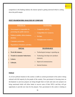 36
competition in the banking industry the interest spread is getting narrowed which is cutting
down the profit margin.
PEST FRAMEWORK ANALYSIS OF COMPANY
POLITICAL
 Government is responsible for
protecting the public interest.
 Political stability affects business
decision.
 Consumer protection.
 Regulations of business activities.
ECONOMIC
 Competitor activity.
 Competition for resources.
 Savings.
 Unemployment numbers.
SOCIAL
 Work life balance.
 Trends in consumer behaviours.
 Leisure.
 Lifestyle.
TECHNOLOGY
 Technological arrange is speeding up.
 Technology develops now products
(internet).
 Improved communication.
 Internet business.
Political
As of now political situation in the country is stable as current government in the centre is being
selected with full majority by the people of the country. Now government is focusing more on
development so previous projects are being brought back on track and some new projects are
being sanctioned which will allow banks to recover some of their NPA’s and they will get
opportunity to provide new loan for the projects. New government in the centre is looking to
 