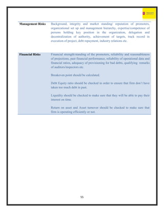 55
Management Risks Background, integrity and market standing/ reputation of promoters,
organizational set up and management hierarchy, expertise/competence of
persons holding key position in the organization, delegation and
decentralization of authority, achievement of targets, track record in
execution of project, debt repayment, industry relations etc.
Financial Risks Financial strength/standing of the promoters, reliability and reasonableness
of projections, past financial performance, reliability of operational data and
financial ratios, adequacy of provisioning for bad debts, qualifying remarks
of auditors/inspectors etc.
Breakeven point should be calculated.
Debt Equity ratio should be checked in order to ensure that firm don’t have
taken too much debt in past.
Liquidity should be checked to make sure that they will be able to pay their
interest on time.
Return on asset and Asset turnover should be checked to make sure that
firm is operating efficiently or not.
 