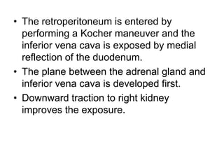 • The retroperitoneum is entered by
performing a Kocher maneuver and the
inferior vena cava is exposed by medial
reflection of the duodenum.
• The plane between the adrenal gland and
inferior vena cava is developed first.
• Downward traction to right kidney
improves the exposure.
 