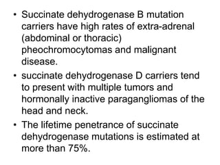 • Succinate dehydrogenase B mutation
carriers have high rates of extra-adrenal
(abdominal or thoracic)
pheochromocytomas and malignant
disease.
• succinate dehydrogenase D carriers tend
to present with multiple tumors and
hormonally inactive paragangliomas of the
head and neck.
• The lifetime penetrance of succinate
dehydrogenase mutations is estimated at
more than 75%.
 