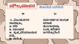 ಮೌಲಾ ಮಾಪ್ನ ಹಾಂದಸ್ಥ ಬರೆಯಿರಿ
ಆ
೧. ವಿಜಯನಗರ
ಸ್ವಮಾ
ರ ಜಾ
೨. ನದ
೩. ಲಾಂಛನ
೪. ಕೃರ್ಣ ದೇವರಾಯನ
ಪ್ತಿು
೫. ಸ್ವಹಿತಾ
ಬ
ಸವಿದಶ್ಿನ ಸಂಗ
ರ ಹ
ವರಾಹ
ತ್ತಾಂಗಾಭದ್ಯ
ರ
ಬುಕಕ ಹರಿಹರ
ಜಗನ್ಮ ೀಹಿನಿ
 