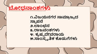 ಬೀಧನಾಂಶ್ಗಳು
೧.ವಿಜಯನಗರ ಸ್ವಮಾ
ರ ಜಾ ದ
ಸ್ವಿ ಪ್ನೆ
೨.ಲಾಂಛನ
೩.ರಾಜವಂಶ್ಗಳು
೪. ಕೃರ್ಣ ದೇವರಾಯ
೫.ಸ್ವಾಂಸಕ ೃತಿಕ ಕೊಡುಗ್ಗಗಳು
 