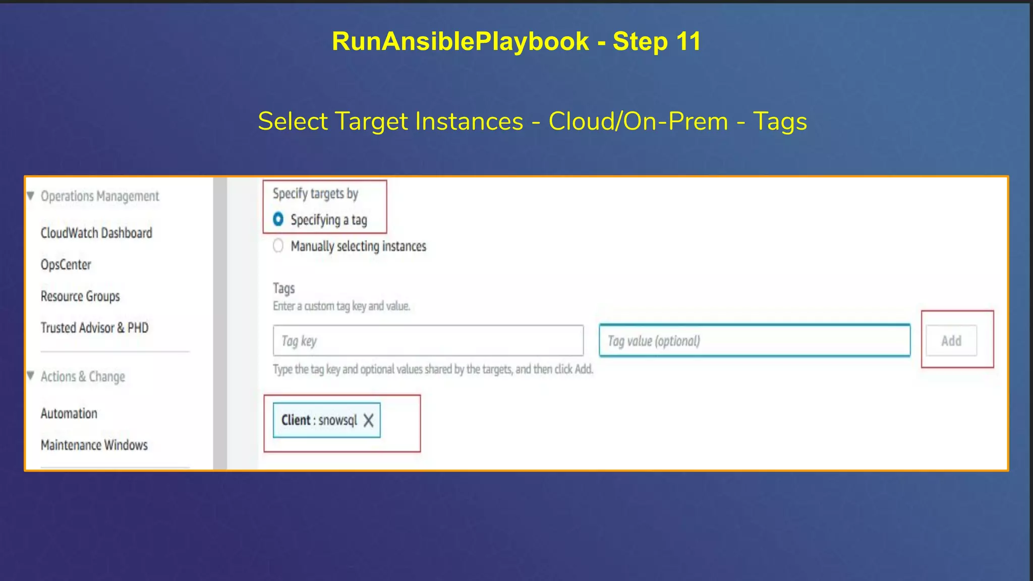RunAnsiblePlaybook - Step 11
Select Target Instances - Cloud/On-Prem - Tags
 