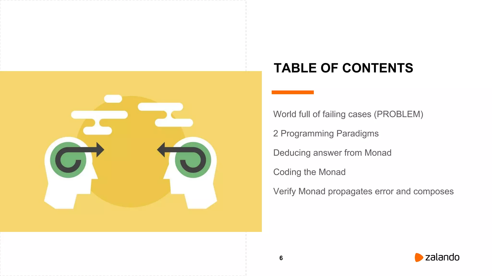 6
World full of failing cases (PROBLEM)
Verify Monad propagates error and composes
2 Programming Paradigms
Deducing answer from Monad
Coding the Monad
TABLE OF CONTENTS
 