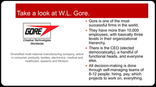 Take a look at W.L. Gore.
 Gore is one of the most
successful firms in the world.
 They have more than 10,000
employees, with basically three
levels in their organizational
hierarchy.
 There is the CEO (elected
democratically), a handful of
functional heads, and everyone
else.
 All decision-making is done
through self-managing teams of
8-12 people: hiring, pay, which
projects to work on, everything.
Diversified multi-national manufacturing company, active
in consumer products, textiles, electronics, medical and
healthcare, sealants and filtration.
 