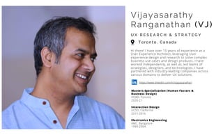 Vijayasarathy
Ranganathan (VJ)
U X R E S E A R C H & S T R A T E G Y
Hi there! I have over 15 years of experience as a
User Experience Architect, leveraging User
experience design and research to solve complex
business use cases and design products. I have
worked independently, as well as, led teams of
strategists, designers, and technologists. I have
partnered with industry-leading companies across
various domains to deliver UX solutions.
Masters Specialization (Human Factors &
Business Design)
OCAD, Toronto
2020-21
Interaction Design
UCSD, California
2015-2016
Electronics Engineering
AMC, Bangalore
1999-2004
T o r o n t o , C a n a d a
https://www.linkedin.com/in/vijayasarathyr/
 