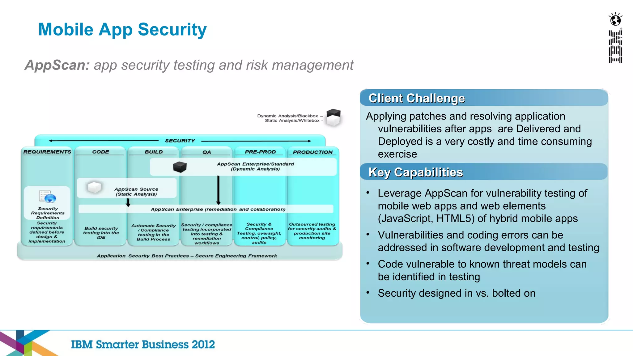 Mobile App Security
AppScan: app security testing and risk management

                                                    Client Challenge
                                                    Applying patches and resolving application
                                                      vulnerabilities after apps are Delivered and
                                                      Deployed is a very costly and time consuming
                                                      exercise
                                                    Key Capabilities
                                                    • Leverage AppScan for vulnerability testing of
                                                      mobile web apps and web elements
                                                      (JavaScript, HTML5) of hybrid mobile apps
                                                    • Vulnerabilities and coding errors can be
                                                      addressed in software development and testing
                                                    • Code vulnerable to known threat models can
                                                      be identified in testing
                                                    • Security designed in vs. bolted on
 
