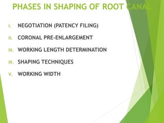 PHASES IN SHAPING OF ROOT CANAL
I. NEGOTIATION (PATENCY FILING)
II. CORONAL PRE-ENLARGEMENT
III. WORKING LENGTH DETERMINATION
IV. SHAPING TECHNIQUES
V. WORKING WIDTH
 