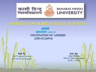 INSTITUTE OF AGRICULTURAL SCIENCES
RAWE
SESSION- 2018-19
Sub To.
Mr. Pramod Lawate
Dr. Savita devangana
Sub. By.
Vijay Dhakse
B.Sc 4th year, Agriculture
ID No. - 15352
 