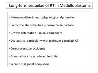 • Neurocognitive & neurophysiological dysfunction
• Endocrine abnormalities & hormonal imbalance
• Growth retardation - spinal component
• Ototoxicity- particularly with platinum based adj CT
• Cerebrovascular accidents
• Gonadal toxicity & reduced feritility
• Second malignant neoplasms
Long-term sequelae of RT in Medulloblastoma
 