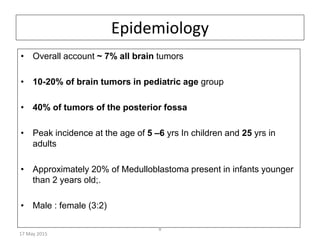 Epidemiology
• Overall account ~ 7% all brain tumors
• 10-20% of brain tumors in pediatric age group
• 40% of tumors of the posterior fossa
• Peak incidence at the age of 5 –6 yrs In children and 25 yrs in
adults
• Approximately 20% of Medulloblastoma present in infants younger
than 2 years old;.
• Male : female (3:2)
17 May 2015
8
 