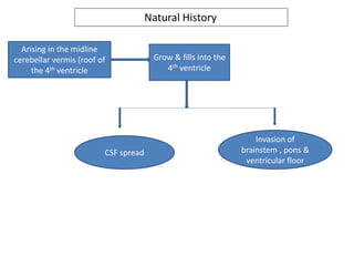 Natural History
Arising in the midline
cerebellar vermis (roof of
the 4th ventricle
Grow & fills into the
4th ventricle
CSF spread
Invasion of
brainstem , pons &
ventricular floor
 