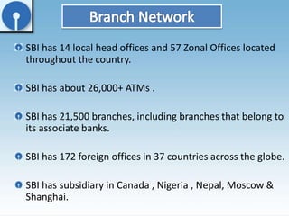 SBI has 14 local head offices and 57 Zonal Offices located 
throughout the country. 
SBI has about 26,000+ ATMs . 
SBI has 21,500 branches, including branches that belong to 
its associate banks. 
SBI has 172 foreign offices in 37 countries across the globe. 
SBI has subsidiary in Canada , Nigeria , Nepal, Moscow & 
Shanghai. 
 