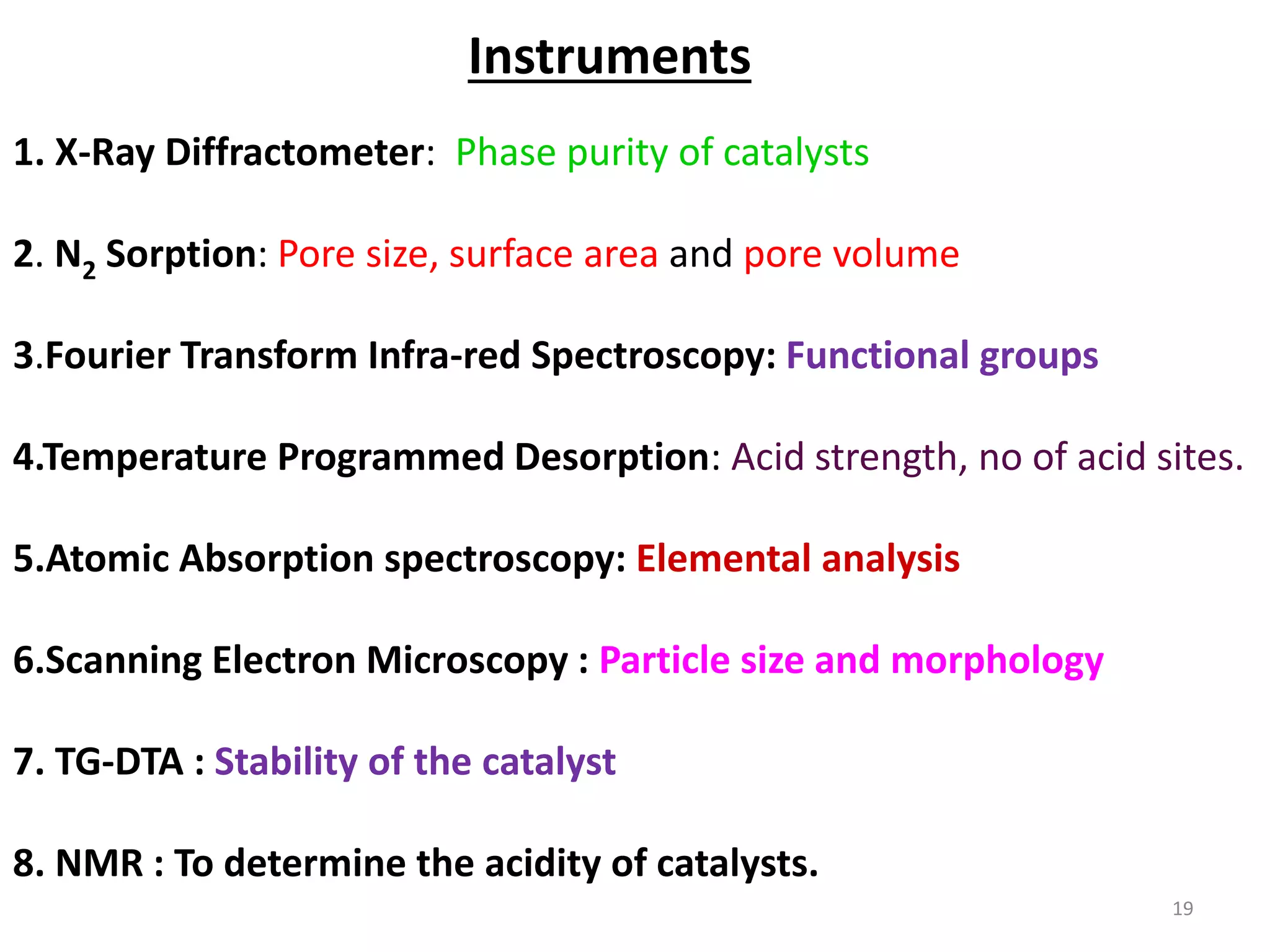 1. X-Ray Diffractometer: Phase purity of catalysts
2. N2 Sorption: Pore size, surface area and pore volume
3.Fourier Transform Infra-red Spectroscopy: Functional groups
4.Temperature Programmed Desorption: Acid strength, no of acid sites.
5.Atomic Absorption spectroscopy: Elemental analysis
6.Scanning Electron Microscopy : Particle size and morphology
7. TG-DTA : Stability of the catalyst
8. NMR : To determine the acidity of catalysts.
19
Instruments
 