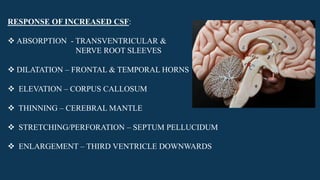 RESPONSE OF INCREASED CSF:
 ABSORPTION - TRANSVENTRICULAR &
NERVE ROOT SLEEVES
 DILATATION – FRONTAL & TEMPORAL HORNS
 ELEVATION – CORPUS CALLOSUM
 THINNING – CEREBRAL MANTLE
 STRETCHING/PERFORATION – SEPTUM PELLUCIDUM
 ENLARGEMENT – THIRD VENTRICLE DOWNWARDS
 