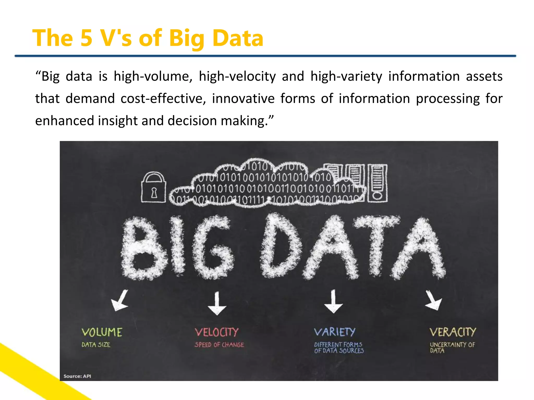 The 5 V's of Big Data
“Big data is high-volume, high-velocity and high-variety information assets
that demand cost-effective, innovative forms of information processing for
enhanced insight and decision making.”
 