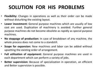 SOLUTION FOR HIS PROBLEMS
• Flexibility: Changes in operations as well as their order can be made
without disturbing the existing layout.
• Lower investment: General purpose machines which are usually of low
cost are used. Duplication of machinery is avoided. Further general
purpose machines do not become obsolete as rapidly as special purpose
machines.
• No stoppage of production: In case of breakdown of any machine, the
whole process does not come to a standstill.
• Scope for expansion: New machines and labor can be added without
upsetting the existing order of arrangement.
• Full utilization of equipment: General purpose machines are used in
each department which can perform a variety of jobs.
• Better supervision: Because of specialization in operation, an efficient
and Better supervision is possible.
 
