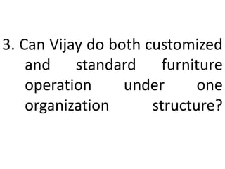 3. Can Vijay do both customized
and standard furniture
operation under one
organization structure?
 