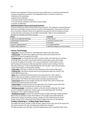 17


timing of such settlement. A futures contract may be offset prior to maturity by entering into
an equal and opposite transaction. The standardized items in a futures contract are:
• Quantity of the underlying
• Quality of the underlying
• The date and the month of delivery
• The units of price quotation and minimum price change
• Location of settlement
Distinction between Futures and Forwards Contracts
Forward contracts are often confused with futures contracts. The confusion is primarily because
both serve essentially the same economic functions of allocating risk in the presence of future
price uncertainty. However futures are a significant improvement over the forward contracts
as they eliminate counterparty risk and offer more liquidity. Table 3.1 lists the distinction
between the forwards and futures contracts.
future                                                      forwards
trade on an organized exchange                              OTCin nature
standerdized contract terms                                 customise contract terms
more liquid                                                 less liquid
requires margin payment                                     no margin payment
follows daily settlement                                    settlement happens at end of period

Futures Terminology.
• Spot price: The price at which an underlying asset trades in the spot market.
• Futures price: The price that is agreed upon at the time of the contract for the
delivery of an asset at a specific future date.
• Contract cycle: It is the period over which a contract trades. The index futures contracts
on the NSE have one-month, two-month and three-month expiry cycles which expire
on the last Thursday of the month. Thus a January expiration contract expires on the
last Thursday of January and a February expiration contract ceases trading on the last
Thursday of February. On the Friday following the last Thursday, a new contract having
a three-month expiry is introduced for trading.
• Expiry date: is the date on which the final settlement of the contract takes place.
• Contract size: The amount of asset that has to be delivered under one contract. This
is also called as the lot size.
• Basis: Basis is defined as the futures price minus the spot price. There will be a
different basis for each delivery month for each contract. In a normal market, basis
will be positive. This reflects that futures prices normally exceed spot prices.
• Cost of carry: Measures the storage cost plus the interest that is paid to finance the
asset less the income earned on the asset.
• Initial margin: The amount that must be deposited in the margin account at the time
a futures contract is first entered into is known as initial margin.
• Marking-to-market: In the futures market, at the end of each trading day, the margin
account is adjusted to reflect the investor’s gain or loss depending upon the futures
closing price. This is called marking-to-market.
• Maintenance margin: Investors are required to place margins with their trading members
before they are allowed to trade. If the balance in the margin account falls below the
maintenance margin, the investor receives a margin call and is expected to top up the
margin account to the initial margin level before trading commences on the next day.
Trading Underlying vs. Trading Single Stock Futures.
The single stock futures market in India has been a great success story. One of the reasons for
the success has been the ease of trading and settling these contracts.
To trade securities, one must open a security trading account with a securities broker and a
 