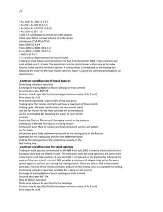 37


> Rs. 100= Rs. 250 10 5-1-5
> Rs.250 = Rs.500 20 5-1-5
> Rs.500 = Rs.1000 20 10-1-10
> Rs.1000 50 10-1-10
Table 7.4: Generation of strikes for Index options
Index Level Strike Interval Scheme of strikes to be
introduced (ITM-ATM-OTM)
Upto 2000 50 4-1-4
From 2001 to 4000 100 6-1-6
From 4001 to 6000 100 6-1-6
> 6000 100 7-1-7
7.3.3 Contract specifications for stock futures
Trading in stock futures commenced on the NSE from November 2001. These contracts are
cash settled on a T+1 basis. The expiration cycle for stock futures is the same as for index
futures, index options and stock options. A new contract is introduced on the trading day
following the expiry of the near month contract. Table 7.5 gives the contract specifications for
stock futures.

Contract specification of Stock futures
Underlying Individual securities
Exchange of trading National Stock Exchange of India Limited
Security descriptor FUTSTK
Contract size As specified by the exchange (minimum value of Rs.2 lakh)
Price steps Re. 0.05
Price bands Operating range of 20% of the base price
Trading cycle The futures contracts will have a maximum of three month
trading cycle - the near month (one), the next month (two)
and the far month (three). New contract will be introduced
on the next trading day following the expiry of near month
contract.
Expiry day The last Thursday of the expiry month or the previous
trading day if the last Thursday is a trading holiday.
Settlement basis Mark to market and final settlement will be cash settled
on T+1 basis.
Settlement price Daily settlement price will be the closing price of the futures
contracts for the trading day and the final settlement price
shall be the closing price of the underlying security on the
last trading day.
Contract specifications for stock options
Trading in stock options commenced on the NSE from July 2001. Currently these contracts are
European style and are settled in cash. The expiration cycle for stock options is the same as for
index futures and index options. A new contract is introduced on the trading day following the
expiry of the near month contract. NSE provides a minimum of eleven strike prices for every
option type (i.e. call and put) during the trading month. There are at least five in-the-money
contracts, five out-of-the-money contracts and one at-the-money contract available for trading.
Underlying Individual securities available for trading in cash market
Exchange of trading National Stock Exchange of India Limited
Security descriptor OPTSTK
Style of option European
Strike price interval As specified by the exchange
Contract size As specified by the exchange (minimum value of Rs.2 lakh)
Price steps Re. 0.05
 