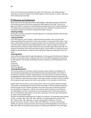 40


clients on the Premium price (traded price) rather than Strike price. The trading members
contribute to Investor Protection Fund of F&O segment at the rate of Re. 1/- per Rs. 100 crores
of the traded value (each side).


[7 ]Clearing and Settlement
National Securities Clearing Corporation Limited (NSCCL) undertakes clearing and settlement
of all trades executed on the futures and options (F&O) segment of the NSE. It also acts as
legal counterparty to all trades on the F&O segment and guarantees their financial settlement.
This chapter gives a detailed account of clearing mechanism, settlement procedure and risk
management systems at the NSE for trading of derivatives contracts.
Clearing Entities
Clearing and settlement activities in the F&O segment are undertaken by NSCCL with the help
of the following entities:
Clearing Members
In the F&O segment, some members, called self clearing members, clear and settle their
trades executed by them only either on their own account or on account of their clients. Some
others called trading member-cum-clearing member, clear and settle their own trades as well
as trades of other trading members (TMs). Besides, there is a special category of members,
called professional clearing members (PCM) who clear and settle trades executed by TMs. The
members clearing their own trades and trades of others, and the PCMs are required to bring in
additional security deposits in respect of every TM whose trades they undertake to clear and
settle.
Clearing Banks
Funds settlement takes place through clearing banks. For the purpose of settlement all clearing
members are required to open a separate bank account with NSCCL designated clearing bank
for F&O segment. The Clearing and Settlement process comprises of the following three main
activities:
1) Clearing
2) Settlement
3) Risk Management
Clearing Mechanism
The clearing mechanism essentially involves working out open positions and obligations of
clearing (self-clearing/trading-cum-clearing/professional clearing) members. This position is
considered for exposure and daily margin purposes. The open positions of CMs are arrived at
by aggregating the open positions of all the TMs and all custodial participants clearing through
him, in contracts in which they have traded. A TM’s open position is arrived at as the summation
of his proprietary open position and clients’ open positions, in the contracts in which he has

traded. While entering orders on the trading system, TMs are required to identify the orders.
These orders can be proprietary (if they are their own trades) or client (if entered on behalf of
clients) through ‘Pro/ Cli’ indicator provided in the order entry screen. Proprietary positions
are calculated on net basis (buy - sell) for each contract. Clients’ positions are arrived at by
summing together net (buy - sell) positions of each individual client. A TM’s open position is
the sum of proprietary open position, client open long position and client open short position
(as shown in the example below).
Consider the following example given from Table 8.1 to Table 8.4. The proprietary open position
on day 1 is simply = Buy - Sell = 200 - 400 = 200 short. The open position for client A = Buy
(O) – Sell (C) = 400 - 200 = 200 long, i.e. he has a long position of 200 units. The open
position for Client B = Sell (O) – Buy (C) = 600 - 200 = 400 short, i.e. he has a short position
of 400 units. Now the total open position of the trading member Madanbhai at end of day 1 is
800, where 200 is his proprietary open position on net basis plus 600 which is the client open
 