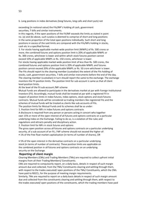 53


b. Long positions in index derivatives (long futures, long calls and short puts) not

exceeding (in notional value) the FIIs/MF’s holding of cash, government
securities, T-bills and similar instruments.
In this regards, if the open positions of the FII/MF exceeds the limits as stated in point
no. (a) and (b) above, such surplus is deemed to comprise of short and long positions
in the same proportion of the total open positions individually. Such short and long
positions in excess of the said limits are compared with the FIIs/MFs holding in stocks,
cash etc in a specified format.
3. For stocks having applicable market-wide position limit (MWPL) of Rs. 500 crores or
more, the combined futures and options position limit is 20% of applicable MWPL or
Rs. 300 crores, whichever is lower and within which stock futures position cannot
exceed 10% of applicable MWPL or Rs. 150 crores, whichever is lower.
For stocks having applicable market-wide position limit of less than Rs. 500 crores, the
combined futures and options position limit is 20% of applicable MWPL and futures
position cannot exceed 20% of the applicable MWPL or Rs. 50 crore whichever is lower.
The FIIs should report to the clearing member (custodian) the extent of the FIIs holding of
stocks, cash, government securities, T-bills and similar instruments before the end of the day.
The clearing member (custodian) in turn should report the same to the exchange. The exchange
monitors the FII position limits. The position limit for sub-account is same as that of client
level position limits.
At the level of the FII sub-account /MF scheme
Mutual Funds are allowed to participate in the derivatives market at par with Foreign Institutional
Investors (FII). Accordingly, mutual funds shall be treated at par with a registered FII in
respect of position limits in index futures, index options, stock options and stock futures
contracts. Mutual funds will be considered as trading members like registered FIIs and the
schemes of mutual funds will be treated as clients like sub-accounts of FIIs.
The position limits for Mutual Funds and its schemes shall be as under:
1. Position limit for MFs in index futures and options contracts
A disclosure is required from any person or persons acting in concert who together
own 15% or more of the open interest of all futures and options contracts on a particular
underlying index on the Exchange. Failing to do so, is a violation of the rules and
regulations and attracts penalty and disciplinary action.
2. Position limit for MFs in stock futures and options
The gross open position across all futures and options contracts on a particular underlying
security, of a sub-account of an FII, / MF scheme should not exceed the higher of:
• 1% of the free float market capitalisation (in terms of number of shares), OR

• 5% of the open interest in the derivative contracts on a particular underlying
stock (in terms of number of contracts). These position limits are applicable on
the combined position in all futures and options contracts on an underlying
security on the Exchange.
Reporting of client margin
Clearing Members (CMs) and Trading Members (TMs) are required to collect upfront initial
margins from all their Trading Members/ Constituents.
CMs are required to compulsorily report, on a daily basis, details in respect of such margin
amount due and collected, from the TMs/ Constituents clearing and settling through them,
with respect to the trades executed/ open positions of the TMs/ Constituents, which the CMs
have paid to NSCCL, for the purpose of meeting margin requirements.
Similarly, TMs are required to report on a daily basis details in respect of such margin amount
due and collected from the constituents clearing and settling through them, with respect to
the trades executed/ open positions of the constituents, which the trading members have paid
 