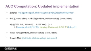 AUC Computation: Updated implementation
• Extends “org.apache.spark.mllib.evaluation.BinaryClassificationMetrics”
• RDD[(s...