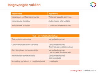 toegevoegde vakken

  Nederlands                                Algemeen
  Nederland- en Vlaanderenkunde             Wetenschappelijk schrijven

  Nederlandse literatuur                    Audiovisuele interpretatie

  Journalistiek schrijven                   Communicatiewetenschap




                            Taal- en vertaalwetenschap
  Taal en informatisering                   Vertaalwetenschap

  Computerondersteund vertalen              Vertaalwetenschap
                                            Technologie en Wetenschap
  Deontologie en beroepspraktijk            Vertaalwetenschap
                                            Literatuur en Audiovisuele
  Interculturele communicatie               Vertaalwetenschap
                                            corpusanalyse
  Mondeling vertalen > N + notitetechniek   Lokalisatie



                                                                         connecting cultures   © artesis 2008 | 9
 