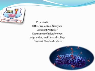 Presented to
DR.S.Sivasankara Narayani
Assistant Professor
Department of microbiology
Ayya nadar janaki ammal college
Sivakasi, Tamilnadu -India
 