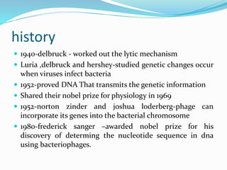 history
 1940-delbruck - worked out the lytic mechanism
 Luria ,delbruck and hershey-studied genetic changes occur
when viruses infect bacteria
 1952-proved DNA That transmits the genetic information
 Shared their nobel prize for physiology in 1969
 1952-norton zinder and joshua loderberg-phage can
incorporate its genes into the bacterial chromosome
 1980-frederick sanger –awarded nobel prize for his
discovery of determing the nucleotide sequence in dna
using bacteriophages.
 