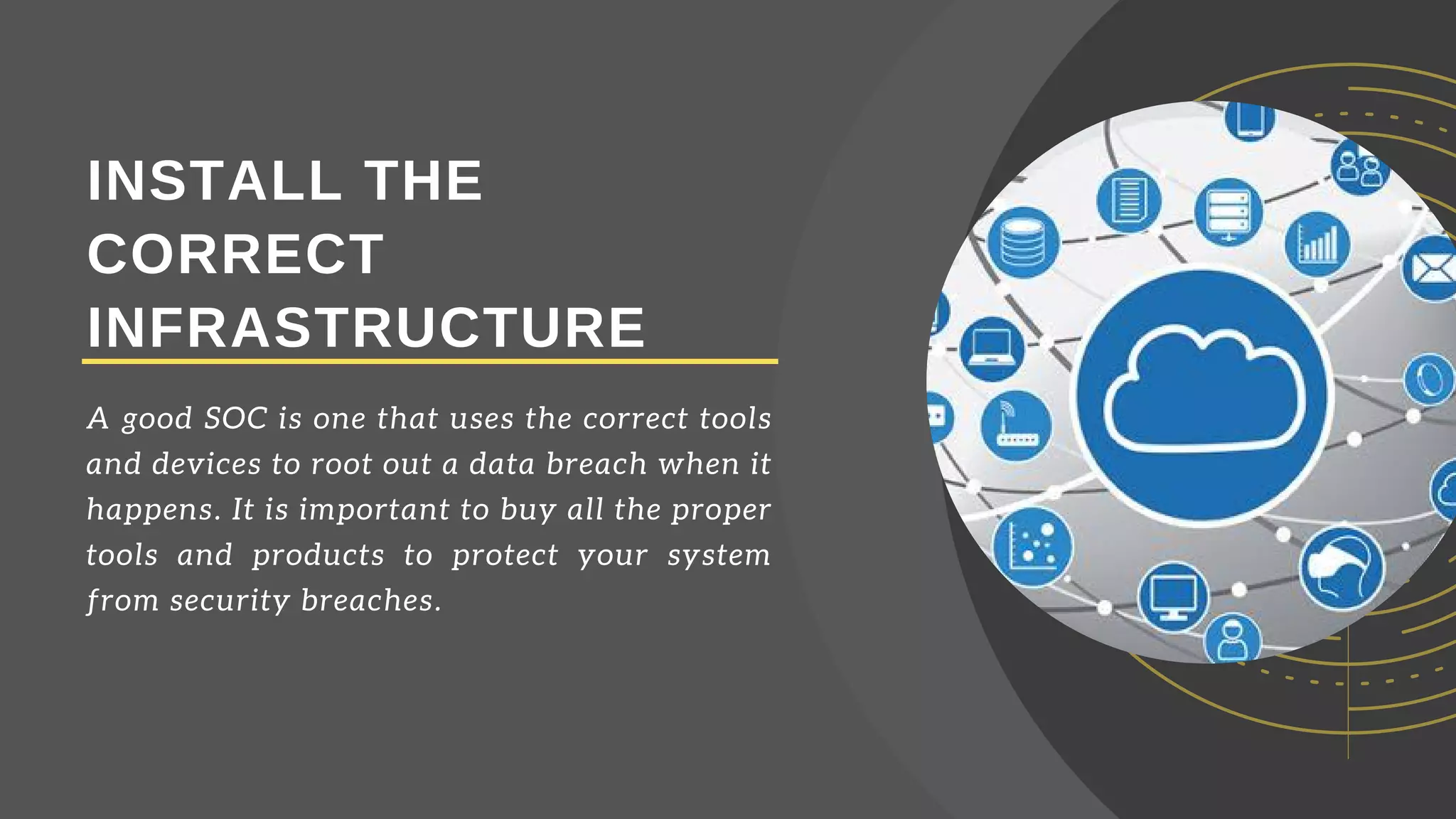 INSTALL THE
CORRECT
INFRASTRUCTURE
A good SOC is one that uses the correct tools
and devices to root out a data breach when it
happens. It is important to buy all the proper
tools and products to protect your system
from security breaches.
 
