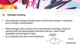 d) Hydrogen bonding
• Intra-molecular hydrogen bonding does not show any change in absorption
due to change in concentration.
• While hydrogen atom involved in the intermolecular H-bonding shares its
electrons with two electronegative elements and as a result it itself
deshielded and get higher δ value.
• E.g. Carboxylic acid dimer and β-diketones.
 