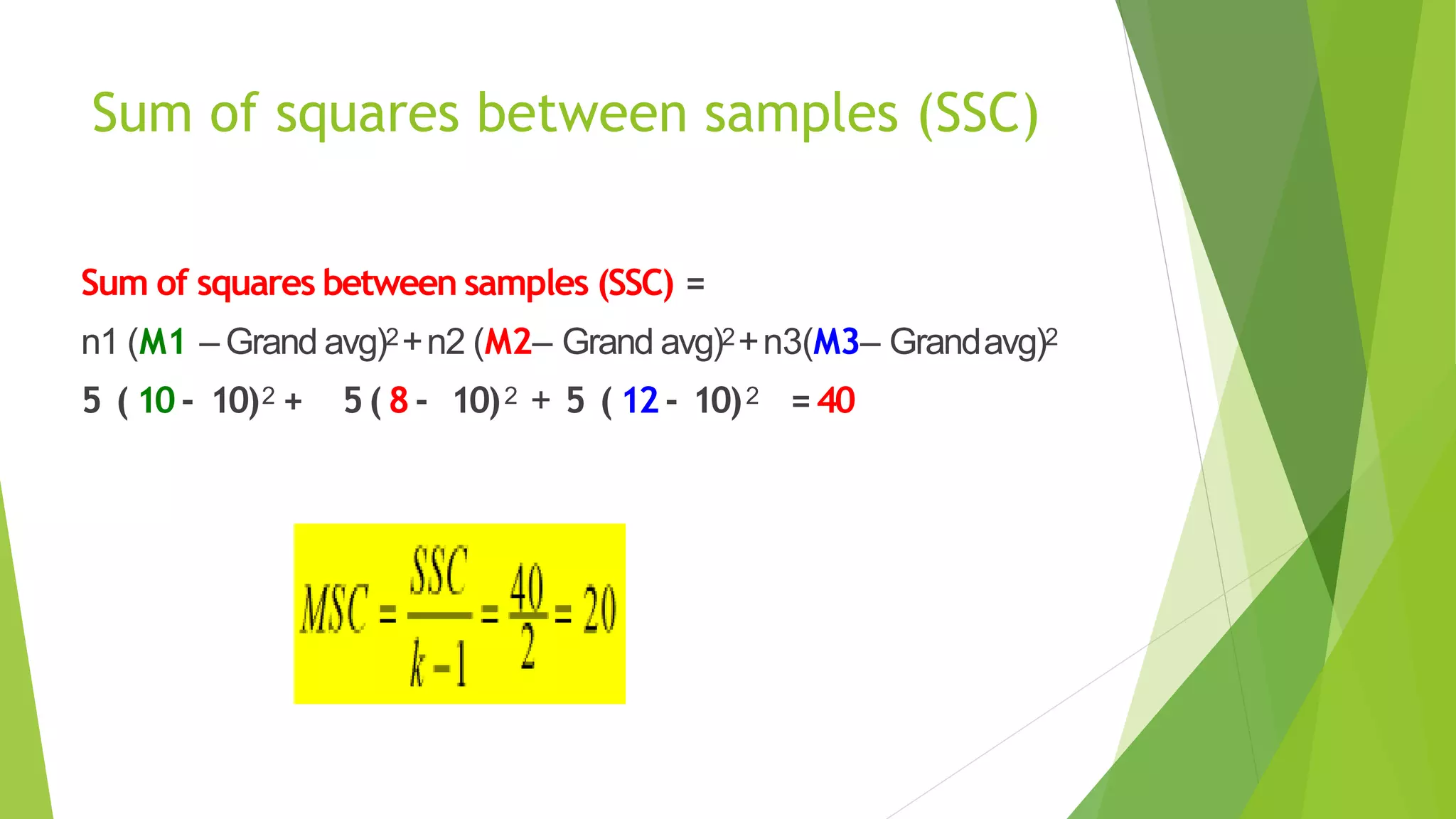 Sum of squares between samples (SSC)
Sum of squares between samples (SSC) =
n1 (M1 – Grand avg)2+n2 (M2– Grand avg)2+n3(M3– Grandavg)2
5 ( 10- 10)2 + 5( 8- 10)2 + 5 ( 12- 10)2 =40
 