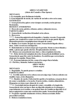 ABIES CANADENSIS 
(Abeto del Canadá o Pino Spruce) 
MENTALES 
1- Es tranquilo, pero fácilmente irritable. 
2- Gran inquietud de noche, da vueltas de un lado a otro en la cama. 
GENERALES 
3 - Gran postración, quiere estar siempre acostado, con las piernas 
flexionadas. 
DESEOS Y AVERSIONES 
4 - Deseo de carne, pickles, rábanos, nabos y alimentos toscos. 
PARTICULARES 
5 - Sensación de vacilación o liviandad en la cabeza. 
6 - Boca seca. 
*** 7 - Sensación epigástrica de languidez y hambre royente. Exagerado 
apetito, con tendencia a comer en exceso o más de lo que puede digerir. 
Distensión gástrica con palpitaciones después de comer. 
8 - Ruidos en el vientre después de comer. Sensación de hígado chico y 
duro. Ardor rectal con constipación. 
9 - Dolorimiento en el útero mejor por la presión. Siente su útero blando y 
débil, y piensa que puede abortar. Desplazamientos uterinos. 
10 - Disnea con sensación de tener duro y chico el pulmón derecho. 
* 11 - Dolor detrás del omóplato derecho. Sensación de debilidad sacra. 
Sensación de agua fría entre los hombros. Escalofríos que corren hacia 
abajo por la espalda. Manos frías. 
* 12 - Estremecimientos de frío, como si la sangre fuera helada. 
13 - Piel fría y húmeda. Sudores nocturnos. 
ABIES NIGRA 
(Abeto negro) 
MENTALES 
1 - Deprimido. No puede pensar o estudiar. 
PARTICULARES 
* 2 - Terrible malestar en la cabeza con cara algo roja. Cabeza caliente con 
mejillas rojas, en las dispepsias. 
** 3 - Hambre de noche. Falta total de apetito a la mañana, con gran deseo 
de comer a mediodía y a la noche. Eructos ácidos, vómitos alimenticios. 
Dispepsias en viejos o por abuso de té o café. 
*** 4 - Gastralgia intensa después de comer, extendida a la izquierda. 
Sensación de tener un huevo duro no digerido alojado en el estómago, y 
especialmente en el cardias, o un pedazo duro de comida no digerida en el 
hueco epigástrico; como una constricción o nudo. Sensación de piedra. 
5 - No puede expandir totalmente el tórax. Disnea acostado. Dolor 
precordial cortante. 
6 - Dolores reumáticos óseos. 
 