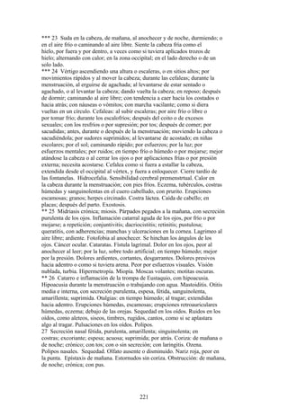 *** 23 Suda en la cabeza, de mañana, al anochecer y de noche, durmiendo; o
en el aire frío o caminando al aire libre. Siente la cabeza fría como el
hielo, por fuera y por dentro, a veces como si tuviera aplicados trozos de
hielo; alternando con calor; en la zona occipítal; en el lado derecho o de un
solo lado.
*** 24 Vértigo ascendiendo una altura o escaleras, o en sitios altos; por
movimientos rápidos y al mover la cabeza; durante las cefaleas; durante la
menstruación, al erguirse de agachada; al levantarse de estar sentado o
agachado, o al levantar la cabeza; dando vuelta la cabeza; en reposo; después
de dormir; caminando al aire libre; con tendencia a caer hacia los costados o
hacia atrás; con náuseas o vómitos; con marcha vacilante; como si diera
vueltas en un círculo. Cefaleas: al subir escaleras; por aire frío o libre o
por tomar frío; durante los escalofríos; después del coito o de excesos
sexuales; con los resfríos o por supresión; por tos; después de comer; por
sacudidas; antes, durante o después de la menstruación; moviendo la cabeza o
sacudiéndola; por sudores suprimidos; al levantarse de acostado; en niñas
escolares; por el sol; caminando rápido; por esfuerzos; por la luz; por
esfuerzos mentales; por ruidos; en tiempo frío o húmedo o por mojarse; mejor
atándose la cabeza o al cerrar los ojos o por aplicaciones frías o por presión
externa; necesita acostarse. Cefalea como si fuera a estallar la cabeza,
extendida desde el occipital al vértex, y fuera a enloquecer. Cierre tardío de
las fontanelas. Hidrocefalia. Sensibilidad cerebral premenstrtual. Calor en
la cabeza durante la menstruación; con pies fríos. Eczema, tubérculos, costras
húmedas y sanguinolentas en el cuero cabelludo, con prurito. Erupciones
escamosas; granos; herpes circinado. Costra láctea. Caída de cabello; en
placas; después del parto. Exostosis.
** 25 Midriasis crónica; miosis. Párpados pegados a la mañana, con secreción
purulenta de los ojos. Inflamación catarral aguda de los ojos, por frío o por
mojarse; a repetición; conjuntivitis; dacriocistitis; retinitis; pustulosa;
queratitis, con adherencias; manchas y ulceraciones en la cornea. Lagrimeo al
aire libre; ardiente. Fotofobia al anochecer. Se hinchan los ángulos de los
ojos. Cáncer ocular. Cataratas. Fístula lagrimal. Dolor en los ojos, peor al
anochecer al leer; por la luz, sobre todo artificial; en tiempo húmedo; mejor
por la presión. Dolores ardientes, cortantes, desgarrantes. Dolores presivos
hacia adentro o como si tuviera arena. Peor por esfuerzos visuales. Visión
nublada, turbia. Hipermetropía. Miopía. Moscas volantes; motitas oscuras.
** 26 Catarro e inflamación de la trompa de Eustaquio, con hipoacusia.
Hipoacusia durante la menstruación o trabajando con agua. Mastoiditis. Otitis
media e interna, con secreción purulenta, espesa, fétida, sanguinolenta,
amarillenta; suprimida. Otalgias: en tiempo húmedo; al tragar; extendidas
hacia adentro. Erupciones húmedas, escamosas; erupciones retroauriculares
húmedas, eczema; debajo de las orejas. Sequedad en los oídos. Ruidos en los
oídos, como aleteos, siseos, timbres, rugidos, cantos, como si se aplastara
algo al tragar. Pulsaciones en los oídos. Polipos.
27 Secreción nasal fétida, purulenta, amarillenta; singuinolenta; en
costras; excoriante; espesa; acuosa; suprimida; por atrás. Coriza: de mañana o
de noche; crónico; con tos; con o sin secreción; con laringitis. Ozena.
Polipos nasales. Sequedad. Olfato ausente o disminuido. Nariz roja, peor en
la punta. Epístaxis de mañana. Estornudos sin coríza. Obstrucción: de mañana,
de noche; crónica; con pus.
221
 