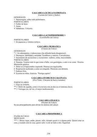 CALCAREA LÁCTICA-NATRONATA
(Lactato de Calcio y Sodio)
GENERALES
1 Hemorragias, sobre todo pulmónares.
PARTICULARES
2 Fiebre de heno.
3 Asma.
4 Sabañones. Urticaria.
CALCAREA LACTOPHOSPHORICA
(Lactofosfito de Calcio)
PARTICULARES
1 En jaquecas y vómitos cíclicos.
CALCAREA MURIATICA
(Cloruro de Calcio)
GENERALES
* 1 En adenopatías e induraciones (las ablanda hasta desaparecer).
2 Desmayos; debilidad y ansiedad. Temblores y mareos. Convulsiones.
3 Incremento de secreciones y excreciones: sudores, orina, mucosidades.
PARTICULARES
4 Náuseas. Vomita todo lo que come o bebe, con gastralgias, o aún si no come. Eructos.
Distensión gástrica.
5 Dolor en el hipocondrio izquierdo. Diarrea con taquicardia.
6 Respiración acelerada y como un ronquido. Pleuresía con derrame.
7 Sudores fríos.
8 Eczema en niños. Ictericia. "Porrigo capitis".
CALCAREA OVORUM O CALCINATA
(Ova Tosta - Cáscaras de huevo tostadas)
PARTICULARES
1 Flujo no irritante.
** 2 Dolor de espalda, como si la tuviera rota en dos (es el síntoma clave).
** 3 Verrugas (es, tal vez, el mejor medicamento).
CALCAREA OXALICA
(Oxalato de Calcio)
Se usa principalmente para aliviar los dolores del cáncer.
CALCAREA PHOSPHORICA
(Fosfato de Calcio)
MENTALES
*** 1 Desea viajar, andar, pasear, salir; siempre quiere ir a alguna parte. Quiere estar en
casa, y cuando está en casa, quiere salir; va de un lado a otro. Inquietud.
230
 