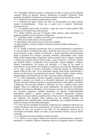 *** 2 Dificultad o lentitud en pensar y comprender en niños; se agrava con los esfuerzos
mentales. Déticit de ideación. Idiocias, oligofrenias en general. Cretinismo. Niños
aturdidos, abombados. Confusión por esfuerzos mentales. Aversión al trabajo mental.
*** 3 Siente más sus trastornos cuando piensa en ellos.
** 4 Trastornos por penas, tristeza, por amor no correspondido, por malas noticias.
Suspira involuntariamente. Llanto que se agrava por el consuelo. Sentimental.
Trastornos por ira.
** 5 Usa palabras equivocadas al escribir, o repite dos veces la misma palabra. Mala
memoria: no recuerda lo que acaba de hacer.
** 6 Niños irritables, peor por el consuelo. Niños gritones; gritan durmiendo o se
despiertan gritando; terrores nocturnos. Indignación.
** 7 Ansiedad en niños o en bebés, sobre todo al ser levantados de la cuna.
* 8 Miedo de oír malas noticias; de la oscuridad.
* 9 Desconfiado, descontento, tiene aversión a la compañía.
10 Otros mentales: aversión al trabajo. Postración mental por hablar. Ninfomanía.
GENERALES
*** 11 Siendo el principal constituyente óseo, su acción fundamental se manifiesta a
nivel de los huesos. Formación muy lenta o tardía del callo óseo en los extremos óseos
de las fracturas; ayuda a acelerar su formación, y puede prescribiese preventivamente
desde el momento de la fractura. Exostosis, osteofitos, enfermedades oseas. Espina
bífida. Epífisis hipertrofiadas. Raquitísmo: huesos craneanos finos y frágiles; fontanelas
y suturas que persisten abiertas mucho tiempo, o que se cerraron y volvieron a abrirse;
con dentición tardía o complicada; huesos incurvados. Huesos delgados y frágiles,
blandos (osteomalacia). Los huesos son afectados a lo largo de las suturas y,
especialmente, en las sínfisis. Pero también se evidencia en una nutrición deficiente, aún
en los viejos, siendo un efectivo restaurador y tonificante después de enfermedades
agudas. Falta de calor vital. Es un importante remedio intercurrente, especialmente si
aparece una deficiencia en la asimilación de esta sal. Polipos: nasales, rectales, uterinos.
Irregularidades en el desarrollo de los niños. Leucemia; anemia; adenopatías.
*** 12 Niños adelgazados, fláccidos, pequeños, incapaces de pararse, que tardan en
aprender a caminar, con retardo en su desarrollo intelectual; con vientre hundido y
fláccido. Enanismo. Durante la primera y segunda dentición en niños débiles; con diarrea
y flatulencia. Para personas anémicas y morochas, con ojos y cabellos negros; gente
delgada. Niñas en la pubertad, que crecen rápidamente, con dolores de crecimiento;
tendencia de los huesos a ablandarse o de la columna a curvarse. En enfermos debilitados
con descargas agotadoras, pérdidas abundantes de líquidos (amamantamientos
prolongados, diarreas y sudores nocturnos en bacilosos, supuraciones profusas,
poluciones nocturnas repetidas, menstruaciones o flujo excesivo). En mujeres debilitadas
por embarazos muy seguidos. Niños anémicos que son irritables, fláccidos, con
extremidades frías y digestion débil. Enfermos debilitados, que se fatigan fácilmente, con
temblores, después de una enfermedad aguda.
** 13 Peor: por frío, humedad, frío húmedo; tiempo lluvioso; tendencia a tomar frío; por
cambios de tiempo; antes de la menstruación y al comienzo; de mañana y de noche; por
corrientes de aire, con aversión al aire libre; en una habitación calurosa; por el
movimiento; por helados. Mejor: en verano; en una atmosfera calurosa y seca; en reposo
o acostado.
** 14 Sensaciones de frío en distintos sectores de la piel.
** 15 Dolores en las suturas. Dolores con sensación de adormecimiento, reptacíon u
hormigueo y escalofríos. Dolores tironeantes, presivos, en pequeñas placas, en puntos,
231
 