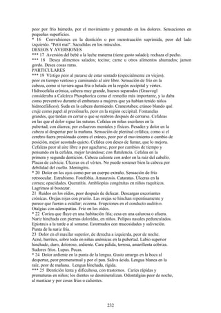 peor por frío húmedo, por el movimiento y pensando en los dolores. Sensaciones en
pequeñas superficies.
* 16 Convulsiones en la dentición o por menstruación suprimida, peor del lado
izquierdo. "Petit mal". Sacudidas en los músculos.
DESEOS Y AVERSIONES
*** 17 Aversión del bebé a la leche materna (tiene gusto salado); rechaza el pecho.
*** 18 Desea alimentos salados; tocino; carne u otros alimentos ahumados; jamon
gordo. Desea cosas raras.
PARTICULARES
*** 19 Vértigo peor al pararse de estar sentado (especialmente en viejos),
peor en tiempo ventoso y caminando al aire libre. Sensación de frío en la
cabeza, como si tuviera agua fría o helada en la región occípital y vértex.
Hidrocefalia crónica, cabeza muy grande, huesos separados (Grauvogl
consideraba a Calcárca Phosphorica como el remedio más importante, y lo daba
como preventivo durante el embarazo a mujeres que ya habían tenido niños
hidrocefálicos). Suda en la cabeza durmiendo. Craneotabes; cráneo blando qué
cruje como papel al presiónarlo, peor en la región occipital. Fontanelas
grandes, que tardan en cerrar o que se reabren después de cerrarse. Cefaleas
en las que el dolor sigue las suturas. Cefalea en niñas escolares en la
pubertad, con diarrea; por esfuerzos mentales y físicos. Pesadez y dolor en la
cabeza al despertar por la mañana. Sensación de plenitud cefálica, como si el
cerebro fuera presiónado contra el cráneo, peor por el movímiento o cambio de
posición, mejor acostado quieto. Cefalea con deseo de fumar, que lo mejora.
Cefaleas peor al aire libre o por agacharse, peor por cambios de tiempo y
pensando en la cefalea, mejor lavándose; con flatulencia. Cefalea en la
primera y segunda dentición. Cabeza caliente con ardor en la raíz del cabello.
Placas de calvicie. Úlceras en el vértex. No puede sostener bien la cabeza por
debilidad del cuello. Meningitis.
* 20 Dolor en los ojos como por un cuerpo extraño. Sensación de frío
retroocular. Estrabismo. Fotofobia. Amaurosis. Cataratas. Úlceras en la
cornea; opacidades. Queratitis. Ambliopías congénitas en niños raquíticos.
Lagrimeo al bostezar.
21 Ruidos en los oídos, peor después de defecar. Descargas excoriantes
crónicas. Orejas rojas con prurito. Las orejas se hinchan repentinamente y
parece que fueran a estallar; eczema. Erupciones en el conducto auditivo.
Otalgias con adenopatías. Frío en los oídos.
* 22 Coriza que fluye en una habitación fría; cesa en una calurosa o afuera.
Nariz hinchada con piernas doloridas, en niños. Polipos nasales pedunculados.
Epistaxis a la tarde o al sonarse. Estornudos con mucosidades y salivación.
Punta de la nariz fría.
23 Dolor en el maxilar superior, de derecha a izquierda, peor de noche.
Acné, barritos, sobre todo en niñas anémicas en la pubertad. Labio superior
hinchado, duro, doloroso, ardiente. Cara pálida, terrosa, amarillenta cobriza.
Sudores fríos. Lupus. Pecas.
* 24 Dolor ardiente en la punta de la lengua. Gusto amargo en la boca al
despertar, peor premenstrual y por el pan. Saliva ácida. Lengua blanca en la
raíz, peor de mañana. Lengua hinchada, rígida.
*** 25 Dentición lenta y dificultosa, con trastornos. Caries rápidas y
prematuras en niños; los dientes se desmineralizan. Odontalgias peor de noche,
al masticar y por cosas frías o calientes.
232
 