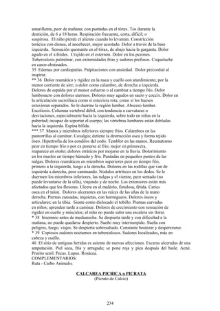 amarillenta, peor de mañana; con puntadas en el tórax. Tos durante la
dentición, de 6 a 18 horas. Respiración frecuente, corta, difícil; o
suspirosa. El niño pierde el aliento cuando lo levantan. Constricción
torácica con disnea, al anochecer, mejor acostado. Dolor a través de la base
izquierda. Sensación quemante en el tórax, de abajo hacia la garganta. Dolor
agudo en el xifoides. Crujido en el esternón. Dolor en los pezones.
Tuberculosis pulmónar, con extremidades frías y sudores profusos. Coqueluche
en casos obstinados.
35 Edemas por cardiopatías. Palpitaciones con ansiedad. Dolor precordial al
inspirar.
** 36 Dolor reumático y rigidez en la nuca y cuello con aturdimiento; por la
menor corriente de aire; o dolor como calambre, de derecha a izquierda.
Dolores de espalda por el menor esfuerzo o al cambiar a tiempo frío. Dolor
lumbosacro con dolores uterinos. Dolores muy agudos en sacro y coccix. Dolor en
la articulación sacroilíaca como si estuviera rota; como si los huesos
estuvieran separados. Se le duerme la región lumbar. Absceso lumbar.
Escoliosis. Columna vertebral débil, con tendencia a curvaturas o
desviaciones, especialmente hacia la izquierda, sobre todo en niñas en la
pubertad; incapaz de soportar el cuerpo; las vértebras lumbares están dobladas
hacía la izquierda. Espina bífida.
*** 37 Manos y miembros inferiores siempre fríos. Calambres en las
pantorrillas al caminar. Coxalgia; detiene la destrucción osea y forma tejido
óseo. Hipertrofia de los condilos del codo. Temblor en las manos. Reumatismo
peor en tiempo frío o por ex ponerse al frío; mejor en primavera,
reaparece en otoño; dolores erráticos por mojarse en la lluvia. Dolorimiento
en los muslos en tiempo húmedo y frío. Puntadas en pequeños puntos de las
nalgas. Dolores reumáticos en miembros superiores peor en tiempo frío,
primero a la izquierda, luego a la derecha. Dolores en las rodillas que van de
izquierda a derecha, peor caminando. Nodulos artríticos en los dedos. Se le
duermen los miembros inferiores, las nalgas y el vientre, peor sentado (no
puede levantarse de la silla), viajando y de noche. Los extensores están más
afectados que los flexores. Ulcera en el maléolo, fistulosa, fétida. Caries
osea en el talon. Dolores ulcerantes en las raíces de las uñas de la mano
derecha. Piernas cansadas, inquietas, con hormigueos. Dolores óseos y
articulares; en la tibia. Siente como dislocado el tobíllo. Piernas curvadas
en niños; aprenden tarde a caminar. Dolores de crecimiento con sensación de
rigidez en cuello y músculos; el niño no puede subir una escalera sin llorar.
* 38 Insomnio antes de medianoche. Se despierta tarde y con dificultad a la
mañana, no puede quedarse despierto. Sueño muy interrumpido. Sueña con
peligros, fuego, viajes. Se despierta sobresaltado. Constante bostezar y desperezarse.
* 39 Copiosos sudores nocturnos en tuberculosos. Sudores localizados, más en
cabeza y cuello.
40 El sitio de antiguas heridas es asiento de nuevas afecciones. Escaras ulceradas de una
amputación. Piel seca, fría y arrugada; se pone roja y pica después del baile. Acné.
Prurito senil. Pecas. Lupus. Rosácea.
COMPLEMENTARIOS:
Ruta - Carbo Animalis.
CALCAREA PICRICA o PICRATA
(Picrato de Calcio)
234
 