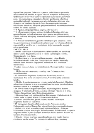 supuración o gangrena. En facturas expuestas, en heridas con apertura de
articulaciones con pérdidas de líquido sinovial; en rupturas de músculos y
tendónes; en heridas vulvovaginales espontáneas o provocadas, durante el
parto. En quemaduras y escaldaduras. Siempre que hay una solución de
continuidad en la piel. Heridas en carne viva, inflamadas, dolorosas, rojas
alrededor, con pinchazos durante la fiebre; heridas antiguas, ofensivas,
descuidadas; tendencia a erisipelas; gangrena inminente. Neuromas traumáticos;
neuritis por heridas laceradas.
** 5 Agotamiento por pérdida de sangre y dolor excesivo.
** 6 Ulceraciones recientes o antiguas: irritadas, inflamadas, dolorosas,
como golpeadas, sin tendencia a curar, con excesiva secreción purulenta.
Úlceras varicosas. Verrugas y tumores ulcerados; cáncer (complementario de los
Cadmium).
** 7 Peor: en tiempo húmedo, pesado, nublado (con gran tendencia a tomar
frío, especialmente en tiempo húmedo); al anochecer; por beber (escalofríos);
muy sensible al aire frío; por el movimiento. Mejor: caminando; acostado
quieto; por el calor.
PARTICULARES
8 Heridas laceradas en el cuero cabelludo. Hernía cerebral por fractura de
cráneo. Cefalea desgarrante; peso en el cerebro y en la región occipital.
Oleadas de calor en la frente.
9 Herida cortante en el ojo, con salida de coroides y vítreo. Heridas
laceradas y cortantes en los ojos. Postoperatorio en los ojos. Sequedad y
comezon en los bordes de los párpados. Inflamación de la esclerotica.
Dacriocistitis.
10 ordera peor por beber y por tiempo húmedo. Oye mejor en tren y sonidos
lejanos.
11 Hridas lacerantes y cortantes en nariz y cara. Coriza de un lado,
secreción verdosa.
* 12 Hemostático después de la extracción de un diente; acelera la
cicatrización de la encía, sin complicaciones. Vesiculitas en las comisuras
labiales.
13 Heridas de esofago por cuerpos extraños (evita la inflamación). Glándulas
submaxilares dolorosas al tacto, con sensación de hinchazón y tensio al mover
la cabeza. Presión en el esofago al tragar.
* 14 Hipo al fumar. Sin apetito en la cena. Induración gástrica. Hambre
enseguida de amamantar. Bulimia. Ardor de estómago. Náuseas en el tórax.
Vómitos. Sensación de vacío. Distensión epigástrica.
15 Dolor profundo en la región umbilical. Pinchazos en el lado izquierdo del
vientre, mejor en reposo. Mueve el vientre con escalofríos.
16 Poliuria con orina clara, pálida, caliente, ardiente. Dolor uretral
desgarrante durante los escalofríos.
* 17 Verrugas en el cuello del útero; ulceración. Amenorrea con tos.
Endocervicitis crónica. Hipertrofia e induración uterina con sensación de peso
y plenitud en la pelvis, sensación de estiramiento en la ingle y dolor por
movimientos bruscos. Menorragias. Indicado después de una cesárea, en rupturas
del periné durante el parto o después de abrir un absceso perineal. Nodulos en
los senos. Pezones excoriados.
18 Presión y tironeo en el lado izquierdo del tórax, peor parado. Cuerpos
extraños en las vías aéreas. Tos con expectoración verdosa, ronquera y
239
 