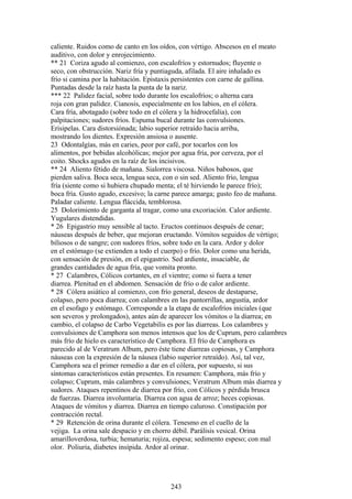 caliente. Ruidos como de canto en los oídos, con vértigo. Abscesos en el meato
auditivo, con dolor y enrojecimiento.
** 21 Coriza agudo al comienzo, con escalofríos y estornudos; fluyente o
seco, con obstrucción. Nariz fría y puntiaguda, afilada. El aire inhalado es
frío si camina por la habitación. Epistaxis persistentes con carne de gallina.
Puntadas desde la raíz hasta la punta de la nariz.
*** 22 Palidez facial, sobre todo durante los escalofríos; o alterna cara
roja con gran palidez. Cianosis, especialmente en los labios, en el cólera.
Cara fría, abotagado (sobre todo en el cólera y la hidrocefalia), con
palpitaciones; sudores fríos. Espuma bucal durante las convulsiones.
Erisipelas. Cara distorsiónada; labio superior retraído hacia arriba,
mostrando los dientes. Expresión ansiosa o ausente.
23 Odontalgías, más en caries, peor por café, por tocarlos con los
alimentos, por bebidas alcohólicas; mejor por agua fría, por cerveza, por el
coito. Shocks agudos en la raíz de los incisivos.
** 24 Aliento fétido de mañana. Sialorrea viscosa. Niños babosos, que
pierden saliva. Boca seca, lengua seca, con o sin sed. Aliento frío, lengua
fría (siente como si hubiera chupado menta; el té hirviendo le parece frío);
boca fría. Gusto agudo, excesivo; la carne parece amarga; gusto feo de mañana.
Paladar caliente. Lengua fláccida, temblorosa.
25 Dolorimiento de garganta al tragar, como una excoriación. Calor ardiente.
Yugulares distendidas.
* 26 Epigastrio muy sensible al tacto. Eructos continuos después de cenar;
náuseas después de beber, que mejoran eructando. Vómitos seguidos de vértigo;
biliosos o de sangre; con sudores fríos, sobre todo en la cara. Ardor y dolor
en el estómago (se extienden a todo el cuerpo) o frío. Dolor como una herida,
con sensación de presión, en el epigastrio. Sed ardiente, insaciable, de
grandes cantidades de agua fría, que vomita pronto.
* 27 Calambres, Cólicos cortantes, en el vientre; como si fuera a tener
diarrea. Plenitud en el abdomen. Sensación de frío o de calor ardiente.
* 28 Cólera asiático al comienzo, con frío general, deseos de destaparse,
colapso, pero poca diarrea; con calambres en las pantorrillas, angustía, ardor
en el esofago y estómago. Corresponde a la etapa de escalofríos iniciales (que
son severos y prolongados), antes aún de aparecer los vómitos o la diarrea; en
cambio, el colapso de Carbo Vegetabilis es por las diarreas. Los calambres y
convulsiones de Camphora son menos intensos que los de Cuprum, pero calambres
más frío de hielo es característico de Camphora. El frío de Camphora es
parecido al de Veratrum Album, pero éste tiene diarreas copiosas, y Camphora
náuseas con la expresión de la náusea (labio superior retraído). Así, tal vez,
Camphora sea el primer remedio a dar en el cólera, por supuesto, si sus
síntomas característicos están presentes. En resumen: Camphora, más frío y
colapso; Cuprum, más calambres y convulsiones; Veratrum Album más diarrea y
sudores. Ataques repentinos de diarrea por frío, con Cólicos y pérdida brusca
de fuerzas. Diarrea involuntaria. Diarrea con agua de arroz; heces copiosas.
Ataques de vómitos y diarrea. Diarrea en tiempo caluroso. Constipación por
contracción rectal.
* 29 Retención de orina durante el cólera. Tenesmo en el cuello de la
vejiga. La orina sale despacio y en chorro débil. Parálisis vesical. Orina
amarilloverdosa, turbia; hematuria; rojiza, espesa; sedimento espeso; con mal
olor. Poliuria, diabetes insípida. Ardor al orinar.
243
 