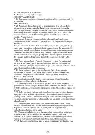 22 En la abstención en alcohólicos.
23 Afecciones oseas. Dolores óseos.
DESEOS Y AVERSIONES
** 24 Deseo de estimulantes: bebidas alcohólicas, whisky, pimienta, café (le
da náuseas).
PARTICULARES
** 25 Mareos en el mar. Sensación de agrandamiento de la cabeza. Dolor
intenso, como si le fuera a estallar la cabeza al toser, caminar o moverla;
grita y se agarra la cabeza; peor sentado, mejor acostado. Aturdi miento, como
intoxicado por alcohol. Ataques de dolor de un solo lado de la cabeza, con
náuseas, vómitos, pérdida de memoria, peor al mover los ojos. Cefalea
pulsátil. Prurito intenso.
26 Sensación de cuerpo extraño en el ojo. Inflamación de los ojos, con
enrojecimiento, ardor y lagrimeo. Ojos salientes. Los objetos parecen negros.
Amaurosis.
*** 27 Hinchazón dolorosa de la mastoides, peor por tocar (muy sensible);
caries osea y supuración en la mastoídes y porción petrosa del temnporal. Es
uno de los principales remedios de la mastoiditis aguda; dolores desgarrantes.
Hipoacusia previo ardor y pinchazos en los oídos. Hipoacusia catarral. Otitis
agudas, supuradas o no; otalgias, peor por tos. Presión y prurito en el fondo
del conducto auditivo. Hiperacusia durante los escalofríos, la fiebre y los
sudores.
** 28 Nariz roja y caliente. Epistaxis de mañana en cama. Secreción nasal
por atrás. Catarros viejos con la constitución de Capsicum, que solo cesan
dando Capsicum y luego el medicamento elegido, que antes era ineficaz. Coriza
seco. Barritos dolorosos bajo las narinas.
** 29 Cara roja (sobre todo en las mejillas), sin fiebre, fría a menudo
alternando con palidez, o una roja y la otra pálida. Dolores en la cara, en
los huesos, peor por tocar y al dormirse. Labios agrietados, hinchados,
dolorosos. Herpes labial.
* 30 Odontalgias, siente los dientes como alargados. Encías hinchadas,
esponjosas, retraídas, calientes, inflamadas.
** 31 Aliento punzante, acre, ofensivo, que solo sale al toser. Ampollas
quemantes en la boca y lengua. Úlceras planas, ardientes, en la boca. Gusto a
podrido; gusto ácido, los alimentos tienen gusto ácido. Mucosidades espesas en
la boca.
** 32 Dolor quemante en la garganta cuando no traga, peor por tos. Garganta
roja y dolorida de bebedores y fumadores. Inflamación con enrojecimiento
oscuro y ardor. Difteria. Contracción al tragar, como calambre en la garganta,
con ardor como por pimienta. Uvula alargada, con sensación como si presiónara
sobre algo duro.
** 33 Alternancia de apetito exagerado con aversión a la comida. Pirosis.
Náuseas. Sensación de frío como de hielo en el estómago. Gastralgia ardiente
después de comer. Golpes de calor en el epigastrio al respirar rápida o
profundamente, hablar o por el tacto.
* 34 Abdomen hinchado, corno si fuera a estallar, con tensión y casi apnea,
después de comer. Ruidos indoloros en el vientre. Dolores ardientes,
cortantes, en el vientre; debe doblarse. Tironeos y movimientos; pulsaciones
fuertes en el abdomen. Cólico umbilical; flatulencia. Hernia inguinal.
*** 35 Tenesmo simultáneo de recto y vejiga. Diarrea peor por líquidos y de
256
 