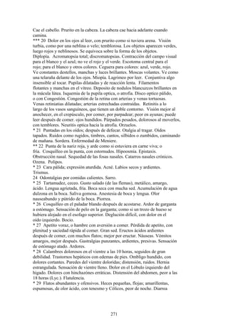 Cae el cabello. Prurito en la cabeza. La cabeza cae hacia adelante cuando
camina.
*** 20 Dolor en los ojos al leer, con prurito como si tuviera arena. Visión
turbia, como por una neblina o velo; temblorosa. Los objetos aparecen verdes,
luego rojos y neblinosos. Se equivoca sobre la forma de los objetos.
Diplopía. Acromatopsia total; discromatopsias. Contracción del campo visual
para el blanco y el azul; no ve el rojo y el verde. Escotoma central para el
rojo; para el blanco y otros colores. Ceguera para colores: azul, verde, rojo.
Ve constantes destellos, manchas y luces brillantes. Moscas volantes. Ve como
una telaraña delante de los ojos. Miopía. Lagrimeo por leer. Conjuntiva algo
insensible al tocar. Pupilas dilatadas y de reacción lenta. Filamentos
flotantes y manchas en el vítreo. Deposito de nodulos blancuzcos brillantes en
la mácula lútea. Isquemia de la pupila optica, o atrofia. Disco optico pálido,
o con Congestión. Congestión de la retina con arterias y venas tortuosas.
Venas retiniatias dilatadas; arterias estrechadas contraídas. Retinitis a lo
largo de los vasos sanguíneos, que tienen un doble contorno. Visión mejor al
anochecer, en el crepúsculo, por comer, por parpadear; peor en ayunas; puede
leer después de comer. ojos hundidos. Párpados pesados, dolorosos al moverlos,
con temblores. Neuritis optica hacia la atrofia. Orzuelos.
* 21 Puntadas en los oídos; después de defecar. Otalgia al tragar. Oídos
tapados. Ruidos como rugidos, timbres, cantos, silbidos o zumbidos, caminando
de mañana. Sordera. Enfermedad de Meniere.
** 22 Punta de la nariz roja, y arde como si estuviera en carne viva; o
fría. Cosquilleo en la punta, con estornudos. Hipoosmia. Epistaxis.
Obstrucción nasal. Sequedad de las fosas nasales. Catarros nasales crónicos.
Ozena. Polipos.
* 23 Cara pálida; expresión aturdida. Acné. Labios secos y ardientes.
Trismus.
24 Odontalgias por comidas calientes. Sarro.
* 25 Tartamudez, ceceo. Gusto salado (de las flemas), metálico, amargo,
ácido. Lengua agrietada, fría. Boca seca con mucha sed. Acumulación de agua
dulzona en la boca. Saliva gomosa. Anestesia de boca y lengua. Olor
nauseabundo y pútrido de la boca. Piorrea.
* 26 Cosquilleo en el paladar blando después de acostarse. Ardor de garganta
a estómago. Sensación de pelo en la garganta; como si un trozo de hueso se
hubiera alojado en el esofago superior. Deglución difícil, con dolor en el
oído izquierdo. Bocio.
* 27 Apetíto voraz, o hambre con aversión a comer. Pérdida de apetito, con
plenitud y saciedad rápida al comer. Gran sed. Eructos ácidos ardientes
después de comer, con muchos flatos; mejor por eructar. Náuseas. Vómitos
amargos, mejor después. Gastralgias punzantes, ardientes, presivas. Sensación
de estómago atado. Ardores.
* 28 Calambres dolorosos en el vientre a las 10 horas, seguidos de gran
debilidad. Trastornos hepáticos con edemas de pies. Ombligo hundido, con
dolores cortantes. Paredes del vientre doloridas; distensión, ruidos. Hernia
estrangulada. Sensación de vientre lleno. Dolor en el Lóbulo izquierdo del
hígado. Dolores con hinchazónes erráticas. Distensión del abdomen, peor a las
18 horas (Lyc.). Flatulencia.
* 29 Flatos abundantes y ofensivos. Heces pequeñas, flojas; amarillentas,
espumosas, de olor ácido, con tenesmo y Cólicos, peor de noche. Diarrea
271
 